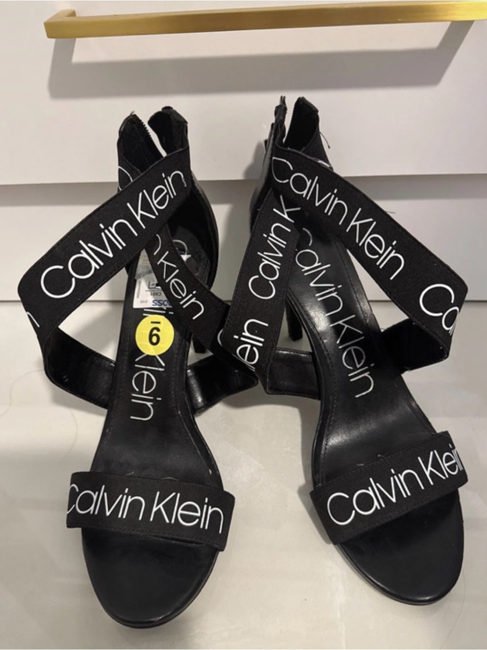 NWT- 9 Calvin Klein Black Strappy classic Y2K formal cocktail  Logo Wrap Heel